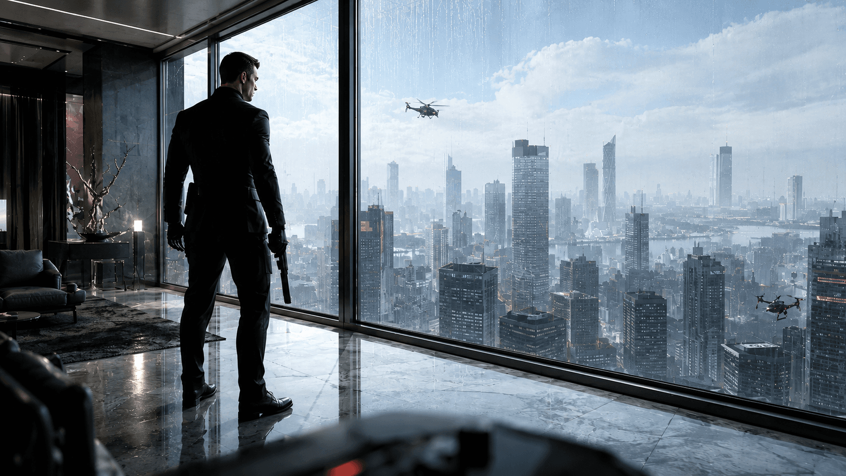 A lone figure overlooking a high-rise city